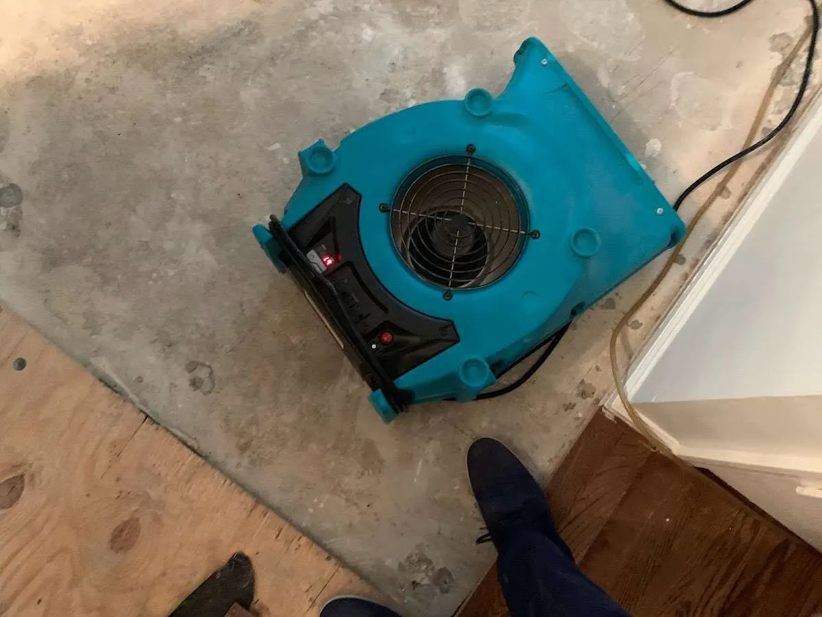 Air mover drying subfloor during Leak Detection & Repair in Lakeland South